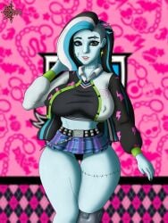 big_breasts big_thighs big_waist black_hair blue_eye blue_skin caosenriqueart frankie_stein girl green_eyes long_hair miniskirt monster_high monster_high_g3 solo