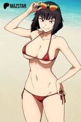 assassin beach bikini bikini_bottom bikini_top black_hair bob_cut collar half-dressed half_naked high_resolution highres looking_at_viewer mazstar micro_bikini obiguro pale-skinned_female pale_skin red_bikini sakamoto_days sunglasses sunglasses_on_head tagme