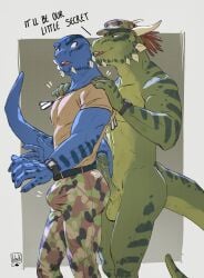 2boys anthro argonian aroused blue_body blue_scales bodily_fluids bottomwear bulge camo camo_bottomwear camo_clothing camo_pants camo_print claws clock clothed clothing dog_tag_necklace duo erection fully_clothed gay genital_fluids genitals glans green_body green_scales hi_res horn hot_dogging humanoid_genitalia humanoid_penis lion21 male male/male male_only microsoft military muscular muscular_anthro muscular_male nude pants pattern_bottomwear pattern_clothing pattern_pants penis precum reptile scales scalie sex shirt soldier spikes t-shirt text the_elder_scrolls topwear tristen warrior watch wristwatch