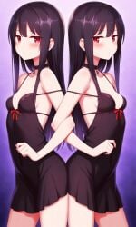 ai_generated black_hair choker cleavage long_hair red_eyes short_dress sideboob skimpy_dress twins