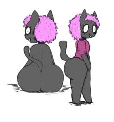 ambiguous_gender animal_humanoid anonymous_artist anthro ass big_butt bottom_heavy bottomless breasts bubble_butt butt_focus cat_humanoid clothed clothing domestic_cat felid felid_humanoid feline feline_humanoid felis female grey_body hair humanoid looking_at_viewer looking_back mammal mammal_humanoid purple_hair rear_view side_view sitting small_breasts solo tail thick_thighs wide_eyed wide_hips