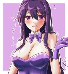 1female 1girls bare_shoulders big_breasts blush blush_lines blushing bowtie bowtie_collar breasts brolymatsumoto_(artist) bunny_suit bunnysuit cleavage collar detached_collar doki_doki_literature_club female gloves long_hair motion_lines purple_bowtie purple_eyes purple_gloves purple_hair text yuri_(doki_doki_literature_club)