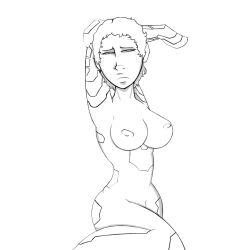 1female 1girl 1girls big_breasts blasian curly_hair cybernetic_limb cybernetics cyberpunk doxiedummy female nipples no_background no_visible_genitalia original_character sad sad_expression short_hair short_hair_female stretching uncolored