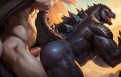 ai_generated anthro anthro_on_anthro balls ballsack cum cum_in_ass erect_penis erection godzilla male/male male_penetrating male_penetrating_male multicolored_body muscles muscular muscular_anthro muscular_male naked naked_male nude nude_anthro nude_male scales spikes tail