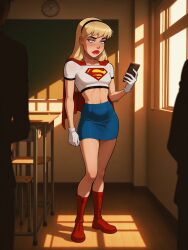 ai_generated blonde_female blonde_hair classroom clothed_female costume dc dc_comics female justice_league justice_league_unlimited kara_zor-el phone solo supergirl superhero