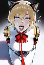 ai_generated aigis_(persona) android android_girl animal_ears blonde_hair blue_eyes cat_ears cum_in_mouth cum_on_face digbyai mechanical persona persona_3 persona_3_reload petplay robot robot_girl