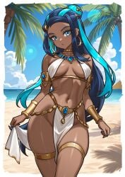 beach blue_eyes blue_hair breasts dark-skinned_female dark_skin earrings female jewelry long_hair medium_breasts multicolored_hair navel nessa_(pokemon) palm_tree parted_lips pokemon pokemon_swsh redjet shiny_skin solo thigh_strap tree two-tone_hair