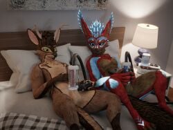 3d_(artwork) absurd_res animal_genitalia animal_penis anthro ayeris23 balls bed blue_body blue_eyes blue_fur blue_penis brown_body brown_fur brown_sheath canine_genitalia canine_penis deer digital_media_(artwork) duo erection fur furniture gaming genitals green_eyes hair hi_res isaacjexo jex machine male male/male mammal milking_cum milking_machine multicolored_body multicolored_fur multicolored_hair muscular muscular_male penile penis penis_milking pink_penis red_body red_fur rexouium sheath tail