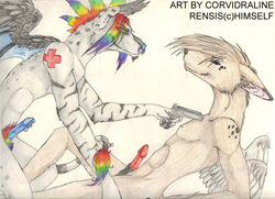 anthro canine corvidraline duo furry gun jackal male mammal mohawk multicolored_hair penis piercing rainbow rainbow_hair rainbow_pubes ranged_weapon rensis weapon wings yaoi