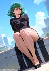 1girls ai_generated amiral_ai black_dress black_high_heels blush breasts city dress green_eyes green_hair high_heels light-skinned_female makeup one-punch_man pink_lips sitting tatsumaki thick_thighs thighs