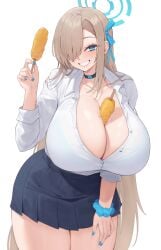 1girls absurd_res asuna_(blue_archive) blonde_hair blue_archive blue_eyes breasts corn_dog female food hair_over_one_eye hips holding_object huge_breasts kuavera long_hair naughty_face object_between_breasts school_uniform schoolgirl smile thick_thighs thighs wide_hips