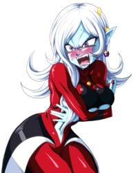 1girls angry blue_skin blush demon_ears demoness dragon_ball dragon_ball_heroes dragon_ball_xenoverse embarrassed female female_only fully_clothed kamishima_kanon nail_polish pointy_ears red_nails solo tight_clothing towa underboob white_hair