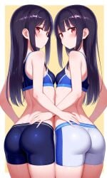 ai_generated ass black_hair booty_shorts hands_on_back red_eyes sports_bra twins