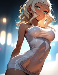 1girls ai_generated covered_navel covered_nipples dress green_eyes large_breasts linea_alba looking_at_viewer navel nipple_bulge parted_lips platinum_blonde_hair round_breasts skimpy solo solo_female strapless_dress taut_dress tight_clothes tube_dress wavy_hair white_dress zorkpics