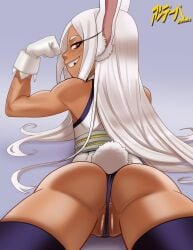 absurdres aged_down andava animal_ears anus anus_peek ass black_thighhighs boku_no_hero_academia clenched_hand dark-skinned_female dark_skin female flexing from_behind gloves grin highres leotard long_hair looking_at_viewer looking_back lying mirko missing_tooth on_stomach rabbit_ears rabbit_girl rabbit_tail red_eyes smile solo tail thighhighs white_gloves white_hair white_leotard