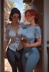 2futas 2girls ai_generated before_sex big_ass big_breasts black_hair bulge charv doorway futa_with_futa futanari hugging inminent_sex jeans red_hair smile