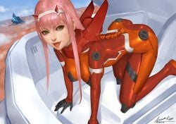 all_fours ariverkao ass bodysuit breasts chinese_commentary commentary_request darling_in_the_franxx female green_eyes hairband hanging_breasts horns large_breasts lips long_hair looking_at_viewer mecha_pilot_suit oerba_yun_fang open_mouth parasite_suit_(darling_in_the_franxx) pink_hair realistic red_bodysuit red_horns signature smile solo tongue zero_two_(darling_in_the_franxx)