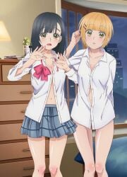 2girls black_hair blonde_hair cleavage honey_lemon_soda looking_at_viewer medium_breasts school_uniform short_hair standing undressing white_shirt yellow_eyes