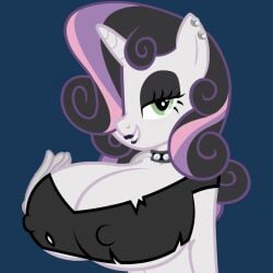 anthro bedroom_eyes big_breasts bimbo black_lipstick breasts choker cleavage ear_piercing erect_nipples eyeshadow female flashequestria goth huge_breasts lipstick looking_at_viewer makeup my_little_pony nipple_outline older piercing solo solo_female spiked_choker sweetie_belle_(mlp) top unicorn