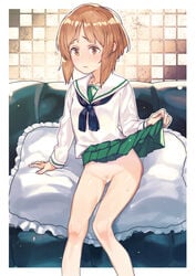 arm_support bangs blouse blush bow bow_panties brown_eyes brown_hair censored closed_mouth couch embarrassed female frilled_pillow frills girls_und_panzer green_skirt indoors long_sleeves looking_to_the_side miniskirt neckerchief nishizumi_miho no_panties ooarai_school_uniform panties pillow pleated_skirt pubic_hair school_uniform self_exposure serafuku short_hair sitting skirt skirt_lift solo subachi sweat sweatdrop tan tanline underwear wavy_mouth white_blouse