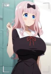 ai_generated blue_eyes camera_view fujiwara_chika gigantic_breasts huge_breasts kaguya-sama_wa_kokurasetai_~tensai-tachi_no_renai_zunousen~ light-skinned_female light_skin long_hair massive_breasts pink_hair school_uniform schoolgirl solo_female squatting sweat sweatdrop thick_body thick_female voluptuous voluptuous_female yok_(artist)