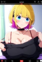 :3 ai_generated blonde_hair blue_eyes camera_view clothes_lift gigantic_breasts huge_breasts light-skinned_female light_skin massive_breasts memcho multicolored_hair oshi_no_ko short_hair shounen_jump+ solo_female squatting sweat sweatdrop thick_body thick_female voluptuous voluptuous_female yok_(artist)