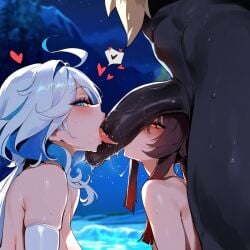 2boys 2girls bare_shoulders blue_eyes blush cooperative_fellatio depressu fellatio ffm_threesome furina_(genshin_impact) genshin_impact half-closed_eyes heart heart-shaped_pupils hilichurls_(species) hu_tao_(genshin_impact) kissing large_penis looking_at_viewer mitachurl multiple_girls oral red_eyes saliva sky spoken_heart symbol-shaped_pupils testicles tongue tongue_out yuri