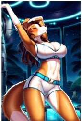 abs ai_generated anthro athletic_clothing brown_fur brown_hair cleavage female_focus furry furry_female furry_focus furry_only giant_breasts leggings long_hair mature_female sfw side_boob stretching tank_top two-tone_body two-tone_fur white_fur