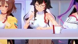1boy 3d 3girls animated big_breasts big_penis black_hair black_panties brown_eyes brown_hair censored cum cum_on_feet drinking ejaculation footjob footjob_under_table green_eyes hololive hololive_japan inugami_korone koikatsu looking_at_phone looking_at_viewer medium_breasts mosaic_censoring ookami_mio orange_eyes panties phone purple_hair red_hair skirt smiling_at_viewer sound stealth_footjob thighhighs tokoyami_towa under_the_table video virtual_youtuber zaako_(pixiv)