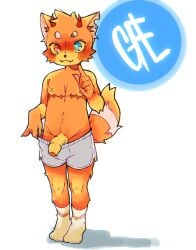 1boy anthro dolphin_shorts exposed_penis exposing_penis fox fox_ears fox_tail fur furry furry_male furry_only fursona guyfromliyue(artist) mastectomy_scar orange_fur phalloplasty_scar pulling_down_pants shorts signature solo_anthro solo_male