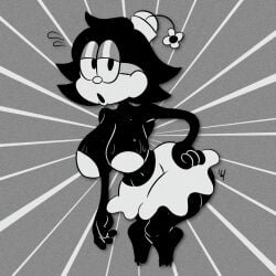 big_breasts big_thighs black_body black_eyes black_hair bra cartoon cartoony looking_at_viewer marla marlatoon marlon marlon_(character) marlontoon marlonxd rubberhose skirt sweatdrop sweating vintage white_skin