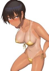 1girls 2d bikini bikini_bottom bikini_top black_eyes blush blush_lines blushing bra collarbone female female_only golden_bikini golden_bra golden_week hair hi_res highres human kuronami_(lvi) lvi medium_breasts oc original original_character plain_background short_hair simple_background solo solo_female swimwear tan tan_body tan_skin tanline tanned tanned_female tanned_skin tomboy very_short_hair white_background