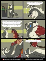 4_fingers animal_genitalia anthro arrow_(weapon) balls blue_eyes bow_(weapon) canid canine canis coalt comic crossed_arms dialogue doorway dragon duo english_text eye_scar facial_scar falling_back fight fingers foot_on_wall fur furaffinity furaffinity_logo furred_dragon furred_scalie genitals green_eyes grey_body grey_fur grimace hi_res holstar_(rimentus) leaning_on_wall lying male male/male mammal mocking mythological_creature mythological_scalie mythology nude on_back page_number patreon patreon_logo pecs punch punching_face ranged_weapon red_body red_fur rimentus scalie scar sheath six_frame_image tan_body tan_fur text tongue tongue_out url weapon white_body white_fur wingless_dragon wolf wraps wrist_wraps