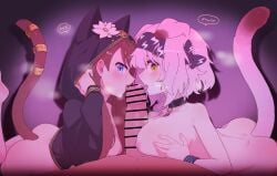 1boy 2girls ababaa absurdres animal_ear_hood animal_ears arknights ass back bar_censor black_hairband blue_eyes blush breasts brown_hair cat_ears cat_girl cat_tail censored completely_nude cooperative_fellatio dimples_of_venus ears_under_headwear erection extra_ears fellatio ffm_threesome floppy_ears goldenglow_(arknights) group_sex hairband highres hood hood_up hooded_jacket infection_monitor_(arknights) jacket large_breasts licking licking_penis lightning_bolt_print long_hair long_sleeves looking_at_viewer multiple_girls nipples nude open_mouth oral paizuri penis pepe_(arknights) pink_hair pov print_hairband spoken_expression steaming_body tail tail_ornament tail_ring threesome tongue tongue_out yellow_eyes