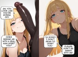 1boy 1girls ai_generated big_penis blonde_hair blue_eyes braindeadbetaboi cuckold_pov dark-skinned_male dark_skin english_text female femdom interracial looking_at_viewer male pov text