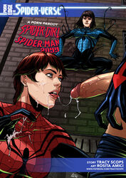 1boy 2girls alien april_parker artist_name blue_eyes bodysuit breasts brown_hair character_name comic cover cum cum_in_face cum_on_body cum_on_breasts cum_on_clothes cum_on_face cum_on_upper_body english english_text exiles facial female feme human irish irish_male large_breasts light-skinned_female light_skin male marvel marvel_comics mayday_parker mayhem_(symbiote/human) mexican mexican_irish mexican_male miguel_o'hara multiple_girls nipple_bulge oral penis rosita_amici short_hair spider-female spider-girl spider-man spider-man_(series) spider-man_2099 spread_legs standing straight straight_hair symbiote text tracyscops unseen_male_face veiny_penis venom_(marvel)