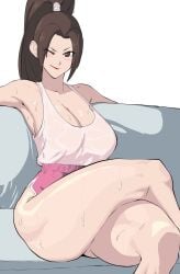 1girls alternate_costume armpits breasts brown_eyes brown_hair capcom cleavage crossed_legs fatal_fury king_of_fighters large_breasts mai_shiranui octavius_dp ponytail short_shorts shorts sitting sweat sweaty_body tank_top thick thick_thighs thighs white_topwear wink winking_at_viewer