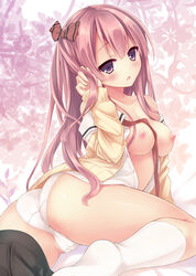 ass bangs blush bow breasts eyebrows_visible_through_hair female hairbow long_hair looking_at_viewer medium_breasts nipples open_clothes open_mouth original panties pink_hair purple_eyes ryo skirt skirt_around_one_leg solo underwear white_legwear white_panties