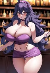 1girls ai_generated bar_(place) big_breasts bimbo bimbo_body bimbofication blush cleavage hands_up hex_maniac huge_breasts indoors microskirt midriff navel novelai pink_eyes pokemon pokemon_xy puckered_lips purple_lipstick purple_nails solo strapless tgm101_(artist) thick_thighs thin_waist thong thong_above_skirt wide_hips