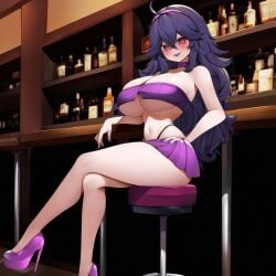 1girls ai_generated bar_stool big_breasts bimbofication blush choker cleavage crossed_legs from_side hand_on_hip hex_maniac high_heels huge_breasts long_nails looking_at_viewer midriff miniskirt navel novelai pink_eyes platform_heels pokemon pokemon_xy purple_lipstick purple_nails seductive seductive_smile sitting solo stiletto_heels stool strapless tgm101_(artist) thick_thighs thin_waist underboob wide_hips