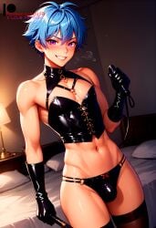 1boy 2d ai_generated bedroom blue_hair bondage bulge choker femboy flat_chest flat_chested gloves ilfb purple_eyes short_hair trap