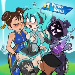 4girls blush cameltoe champagne chun-li chun-li_(fortnite) flustered fortnite godzilla godzilla_(series) hatsune_miku hatsune_miku_(fortnite) imminent_sex meow_skulls_(fortnite) raven_team_leader short_skirt street_fighter thong tiddybaa_(artist) victory_royale vocaloid