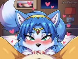 ai_generated anthro anthro_on_anthro anthro_penetrated anthro_penetrating anthro_penetrating_anthro bed bedroom blowjob couple cum cum_in_mouth deepthroat fellatio fellatio_pov female fox fox_mccloud heart_shaped_pupils hearts irrumatio krystal krystal_(star_fox) male_pov oral oral_penetration oral_sex pov romantic_couple star_fox