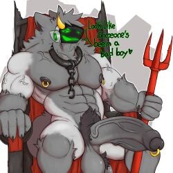 anthro big_penis english_text genital_piercing genitals hi_res humanoid machine male melee_weapon muscular muscular_anthro muscular_male nipple_piercing nipples penis penis_piercing piercing polearm protogen protogen_visor solo synth07 text trident weapon