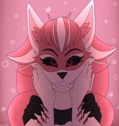 anthro black_sclera blood blood_moon_ari_(in_heat) bodily_fluids canid canine canis female hair hand_on_face in_heat_(game) mammal photolol.03 red_body red_eyes red_hair scratch_mark scratching simple_background smile smiling_at_viewer solo wolf