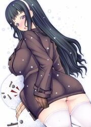 black_hair bulge coat futanari gloves intersex long_hair looking_at_viewer original purple_eyes red-rum sideboob snow snow_man solo_futa suprised thighhighs tomoe_hanagasa