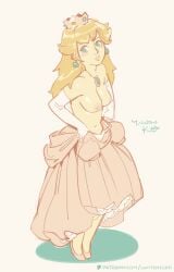 blonde_hair blue_eyes breasts clothes_around_waist crown dress earrings elbow_gloves eyelashes female full_body gloves highres jewelry limited_palette mario_(series) medium_breasts mini_crown navel necklace nipples pink_dress princess_peach solo sphere_earrings stomach topless undressing white_gloves winton_kidd