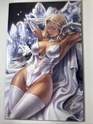 artist_request blonde_female blonde_hair blue_eyes cosplay emma_frost female large_breasts marvel marvel_comics thick_thighs voluptuous_female white_queen wide_hips x-men