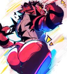 ass barazoku biceps black_body black_fur butt_focus fist fluffos fur generation_7_pokemon grey_body grey_fur hi_res incineroar looking_at_viewer male muscular nintendo nude pokemon pokemon_(species) pubes red_body red_fur simple_background solo tail yellow_sclera