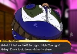 1boy blue_skin blueberry_inflation brown_eyes brown_hair brown_skirt button_down_shirt button_gap buttons crossdressing danganronpa danganronpa:_trigger_happy_havoc dialogue femboy fujisaki_chihiro immobile inflation navel panties shirt skirt spherical_inflation sugarrollart sunken_head sunken_limbs tagme tomgirl trap white_panties white_shirt